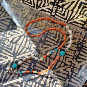Unique handmade coral with freshwater pearl and turquoise necklace